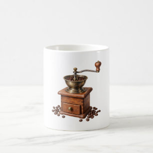 Antike Kaffeemühle und Bohnen Kaffeetasse