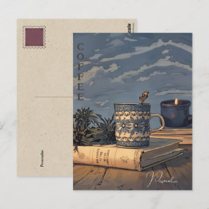 Antike Kaffeetasse Buch Kerze Blauer Himmel Wolken Postkarte