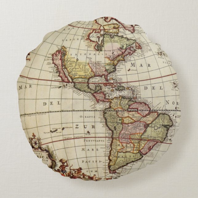 Antike Karte Amerikas von Johannes De Ram Rundes Kissen (Rückseite)