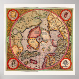 Antike Karte der Nordpol-Karte von Mercator Poster