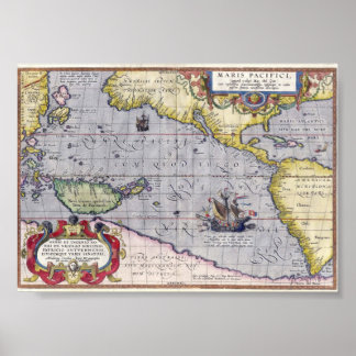 Antike Karte des Pazifischen Ozeans Jahr 1589 Poster