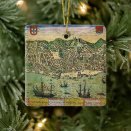 Antike Karte, Stadtplan von Lissabon, Portugal, 15 Keramikornament