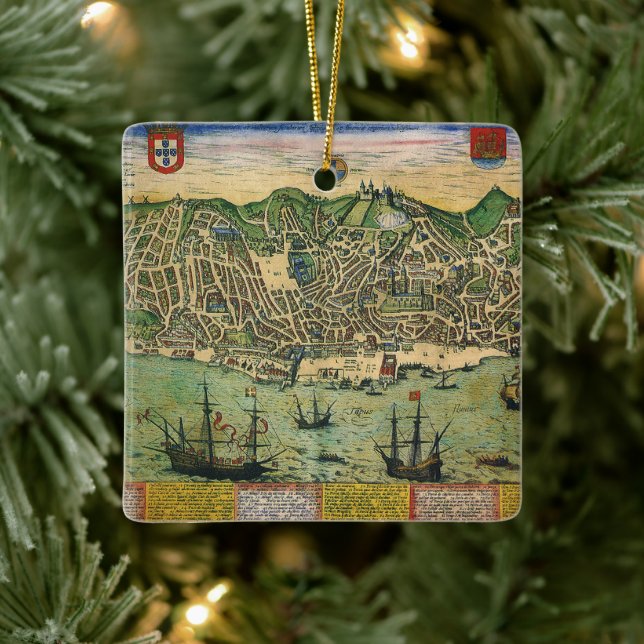 Antike Karte, Stadtplan von Lissabon, Portugal, 15 Keramikornament (Baum)