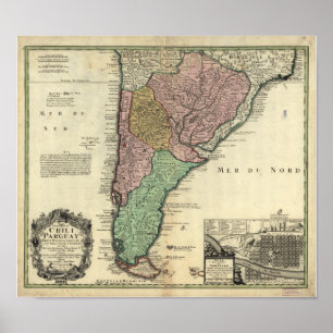 Antike Karte von Chilen u. von Paraguay 1733 Poster