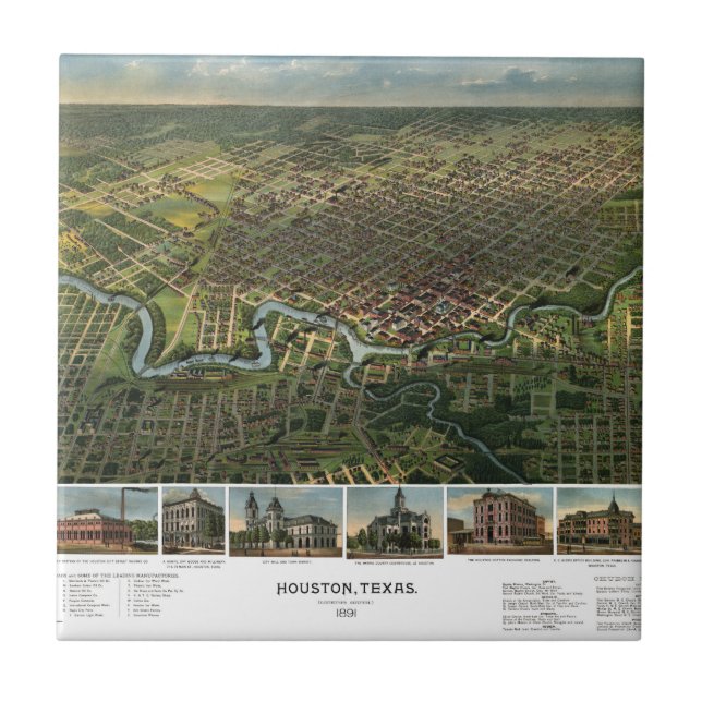 Antike Karte von Houston, Texas mit Fluss Buffalo Fliese (Vorderseite)