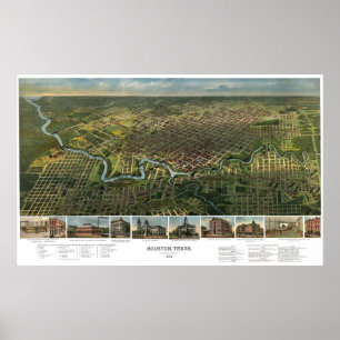 Antike Karte von Houston, Texas mit Fluss Buffalo Poster