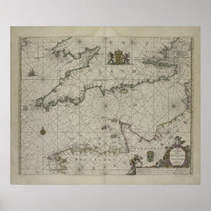 Antike Karte von Kanal, 1666 (Farbstich) Poster