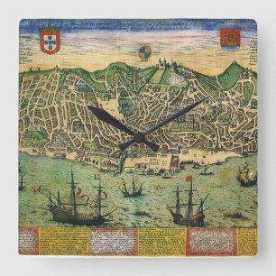 Antike Karte von Lissabon, Portugal von Braun/Hoge Quadratische Wanduhr