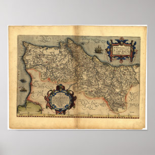 Antike Karte von Portugal ORTELIUS ATLAS 1570 A.D. Poster