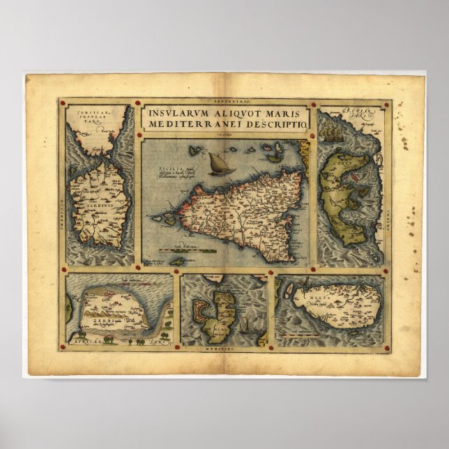 Antike Karte von Sizilien ORTELIUS ATLAS 1570 A.D. Poster (Vorne)