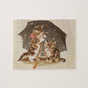 Antike Kätzchen unter einem Regenschirm - Vintage- Puzzle