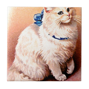 Antike Katze mit blauem Schleif Fliese