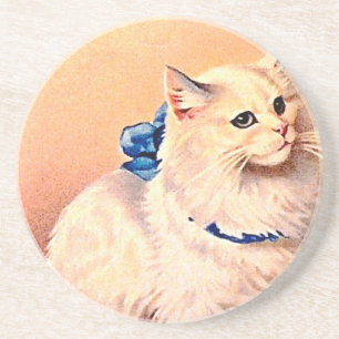 Antike Katze mit blauem Schleif Sandstein Untersetzer