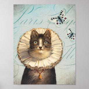 Antike Katze mit gerüschtem Kragen und Schmetterli Poster