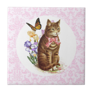 Antike Katzen-Iris-Blumen und Schmetterling Fliese