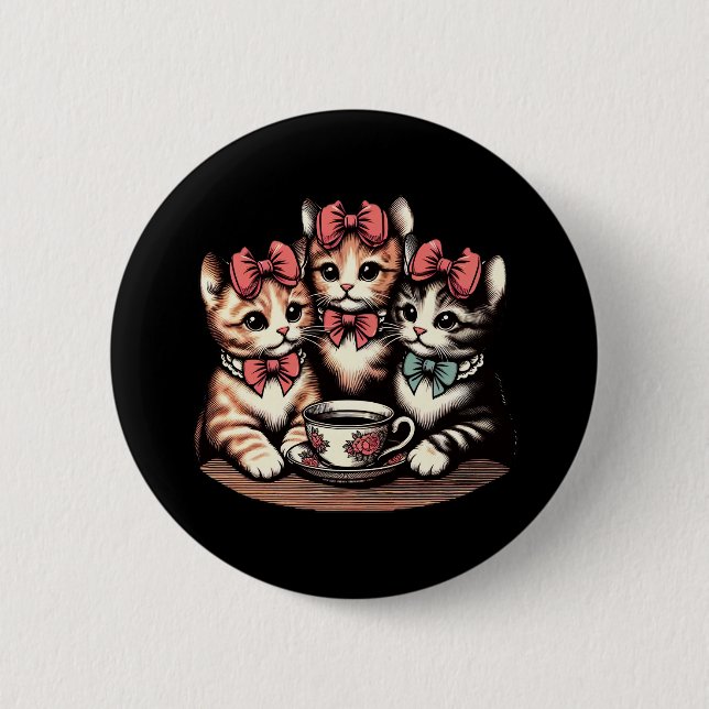 Antike Katzen-Teeparty Button (Vorderseite)