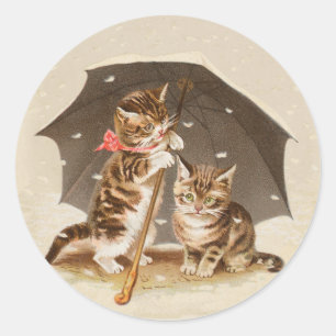 Antike Katzen unter einem Regenschirm Vintage-Katz Runder Aufkleber