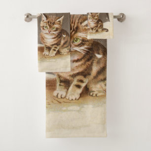 Antike Katzenkunst mit Vintage-Kätzchen unter eine Badhandtuch Set