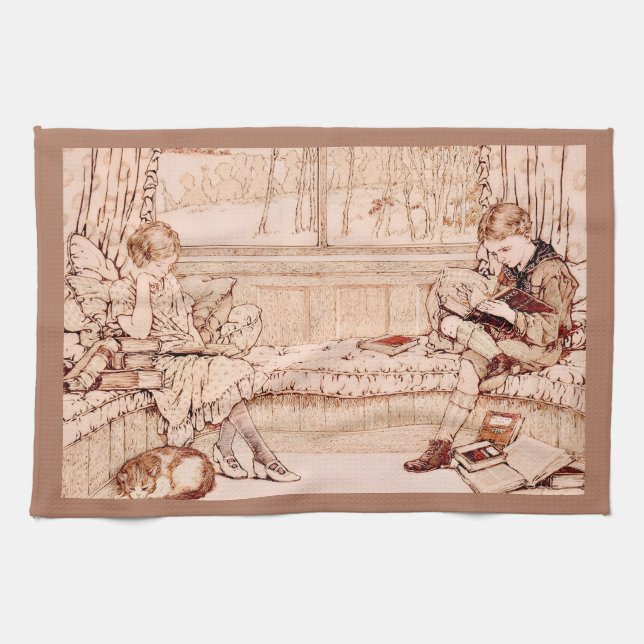 Antike Kinder beim gemütlichen Lesen Illustration Geschirrtuch (Horizontal)