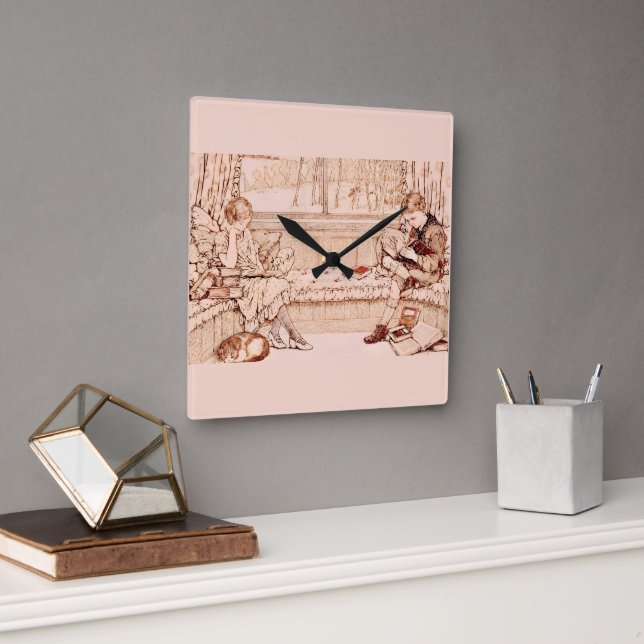 Antike Kinder beim gemütlichen Lesen Illustration Quadratische Wanduhr (Büro)