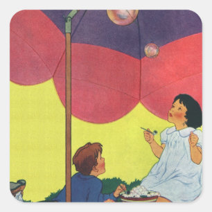 Antike Kinder blasen Seifenblasen unter einem Rege Quadratischer Aufkleber