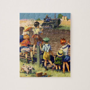 Antike Kinder, die einem örtlichen Bauern auf eine Puzzle