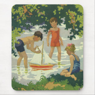 Antike Kinder, die Spielzeugsegelboote auf einem S Mousepad