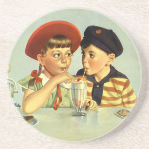 Antike Kinder, Junge und Mädchen teilen sich einen Getränkeuntersetzer