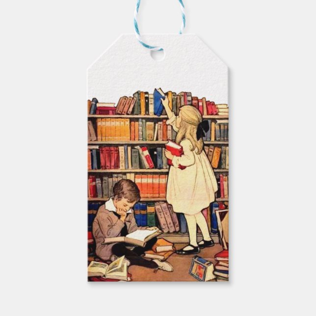 Antike Kinder lesen Bibliotheksbücher Geschenkanhänger (Vorderseite)