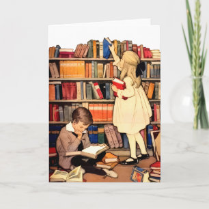 Antike Kinder lesen Bibliotheksbücher Leere Karte