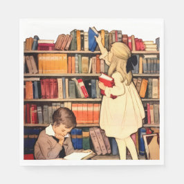 Antike Kinder lesen Bibliotheksbücher Serviette