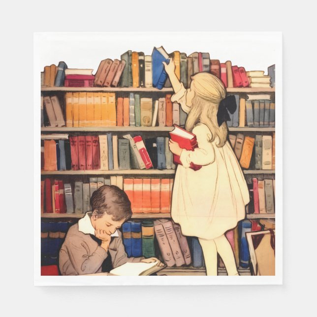 Antike Kinder lesen Bibliotheksbücher Serviette (Vorderseite)