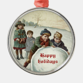 Antike Kinder spielen im Winter Silbernes Ornament