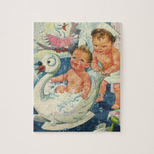 Antike Kinder spielen mit Blasen in einem Schwanen Puzzle