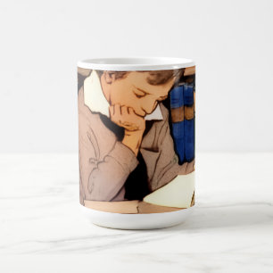 Antike Kinderjunge liest Bücherei-Buch-Kaffeetasse Kaffeetasse