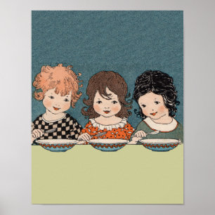 Antike kleine Mädchen essen Suppe Drei Schwestern Poster