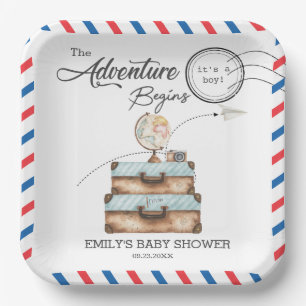 Antike Koffer Baby Shower Junge Abenteuer Post Pappteller