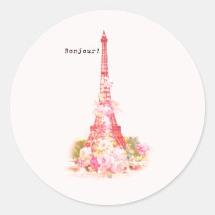 Antike korallenrosa Blumen Paris Eiffelturm Runder Aufkleber