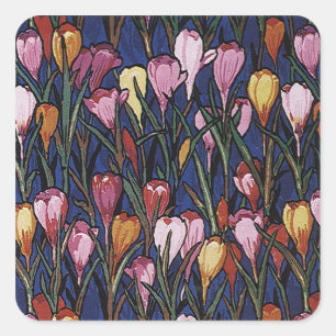 Antike Krokusblumen in einem Garten, Blumenmuster Quadratischer Aufkleber