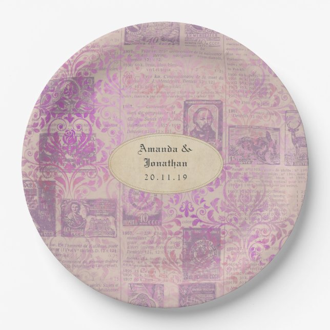 Antike Lavendel-Ephemera-Damask-Hochzeit Pappteller (Vorderseite)