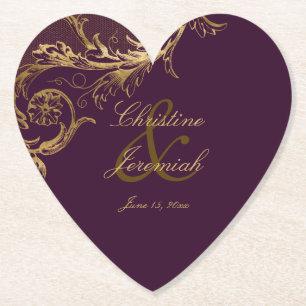 Antike lila-goldene Blumen-Damask-Schrift Hochzeit Untersetzer