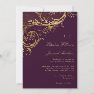 Antike lila-goldene florale Damast-Hochzeit Einladung