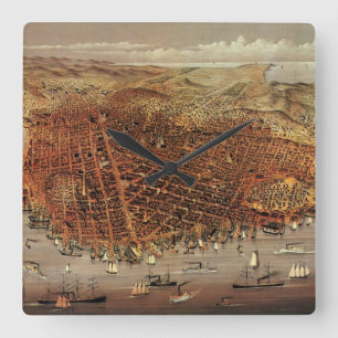 Antike Luftkarte, San Francisco City, Kalifornien Quadratische Wanduhr