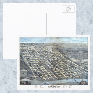 Antike Luftkarte von Austin, Texas, 1873 Postkarte