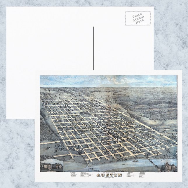 Antike Luftkarte von Austin, Texas, 1873 Postkarte (Von Creator hochgeladen)