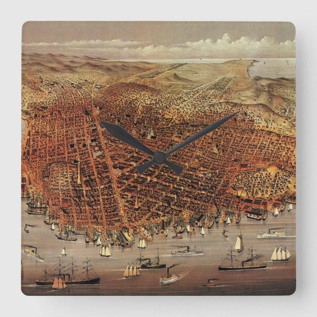 Antike Luftkarte von San Francisco, Kalifornien Quadratische Wanduhr (Vorderseite)