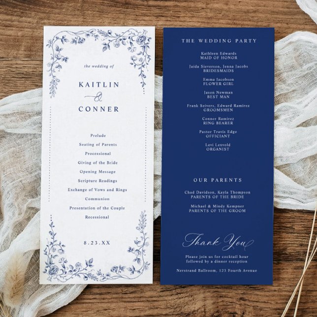 Antike marineblaue viktorianische Blumenhochzeit a Programm (Navy blue wedding program with vintage French chinoiserie floral frame)