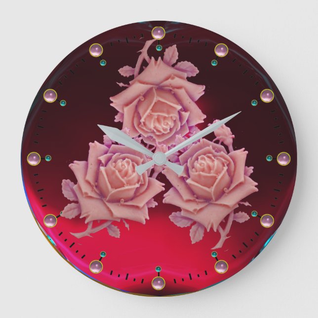 ANTIKE MINIATUR/SCHÖNE ROSA ROSE, roter Burgunder Große Wanduhr (Vorderseite)