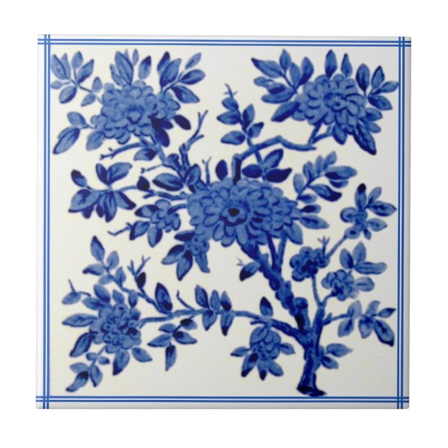Antike Minton Blaue weiße Ästhetik Floral Repro Fliese (Vorderseite)
