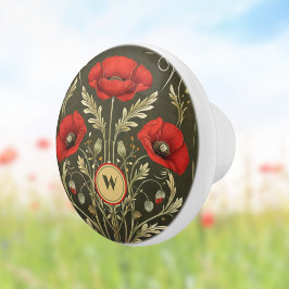 Antike Mohnblumen Gold Rot Jugendstil Monogramm Keramikknauf